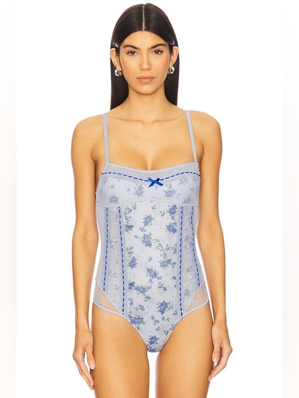 FREE PEOPLE Sara Corset Bodysuit in Blue Combo in Size Medium.